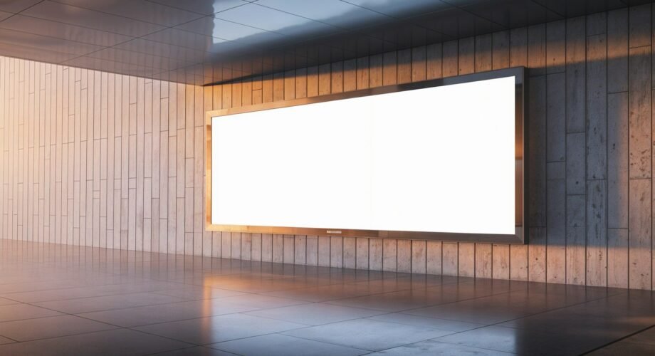 Painel publicitário iluminado num espaço moderno