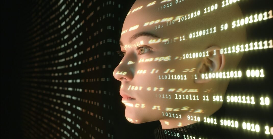 Mulher com sobreposição de código binário, a representar inteligência artificial