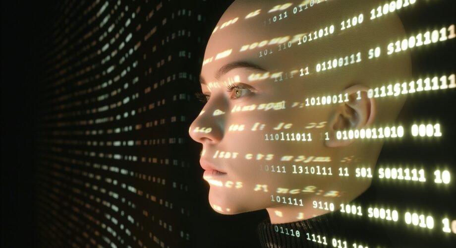 Mulher com sobreposição de código binário, a representar inteligência artificial